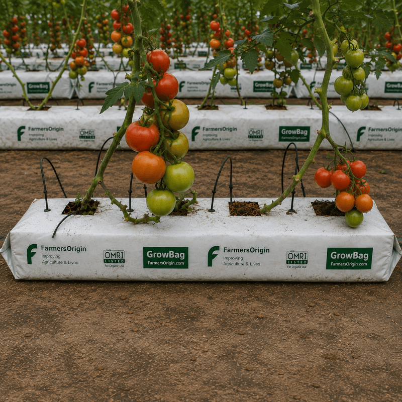 FO HydroPro coir grow bags with seedlings in the planting holes
